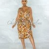 Chic Couture Online JUST IN Edwin Burnt Orange Leopard Print Ruched Side Satin Dress