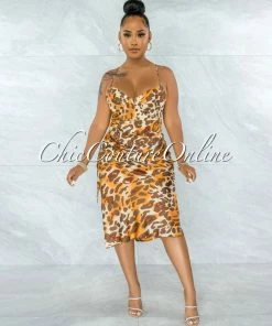Chic Couture Online JUST IN Edwin Burnt Orange Leopard Print Ruched Side Satin Dress