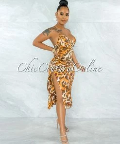Chic Couture Online JUST IN Edwin Burnt Orange Leopard Print Ruched Side Satin Dress