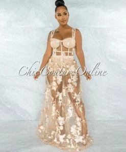 Vendor-unknown Lidonie Nude Embroidery Mesh Maxi Padded Dress