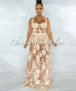 Vendor-unknown Lidonie Nude Embroidery Mesh Maxi Padded Dress