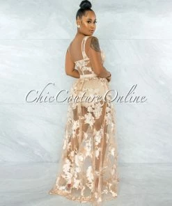 Vendor-unknown Lidonie Nude Embroidery Mesh Maxi Padded Dress