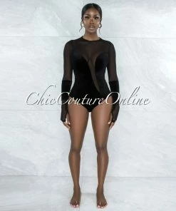 Vendor-unknown Claudette Black Velvet Sheer Bodysuit JUST IN