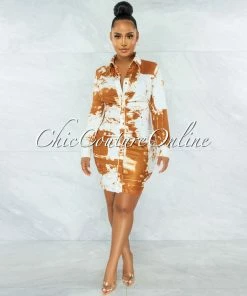 Vendor-unknown JUST IN Kontare Mustard White Tie-Dye Buttons Shirt Dress