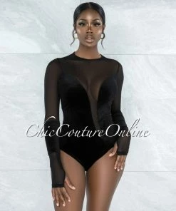 Vendor-unknown Claudette Black Velvet Sheer Bodysuit JUST IN