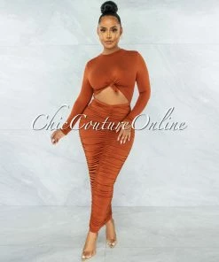 Vendor-unknown Zafara Brick Front Knot Cut-Out Ruched Maxi Dress JUST IN