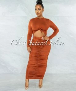 Vendor-unknown Zafara Brick Front Knot Cut-Out Ruched Maxi Dress JUST IN