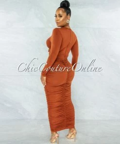 Vendor-unknown Zafara Brick Front Knot Cut-Out Ruched Maxi Dress JUST IN