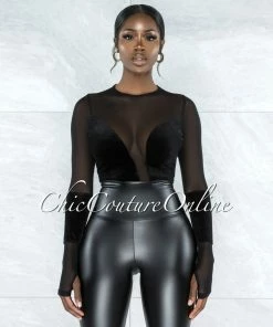 Vendor-unknown Claudette Black Velvet Sheer Bodysuit JUST IN