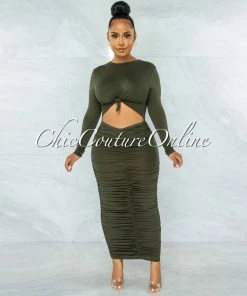 Vendor-unknown Zafara Olive Front Knot Cut-Out Ruched Maxi Dress