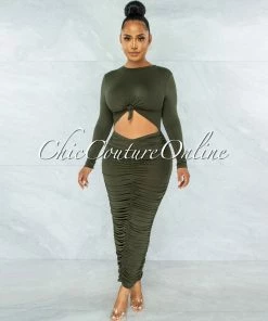 Vendor-unknown Zafara Olive Front Knot Cut-Out Ruched Maxi Dress