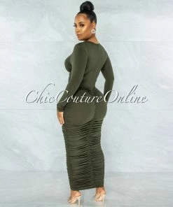 Vendor-unknown Zafara Olive Front Knot Cut-Out Ruched Maxi Dress