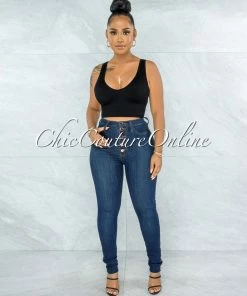 Vendor-unknown JUST IN Harriet Dark Blue High Waist Rose Gold Buttons Jeans