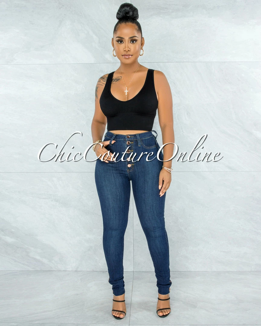 Vendor-unknown JUST IN Harriet Dark Blue High Waist Rose Gold Buttons Jeans