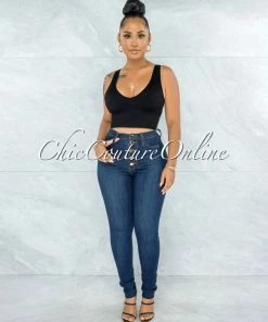 Vendor-unknown JUST IN Harriet Dark Blue High Waist Rose Gold Buttons Jeans