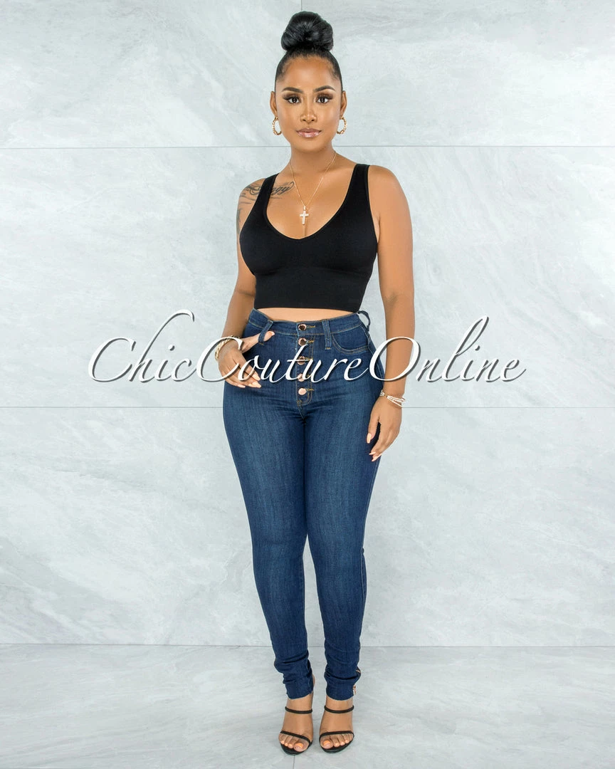 Vendor-unknown JUST IN Harriet Dark Blue High Waist Rose Gold Buttons Jeans