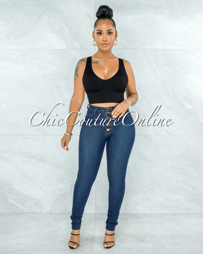 Vendor-unknown JUST IN Harriet Dark Blue High Waist Rose Gold Buttons Jeans