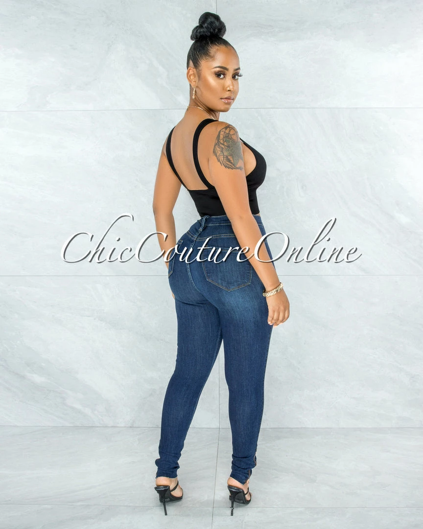 Vendor-unknown JUST IN Harriet Dark Blue High Waist Rose Gold Buttons Jeans