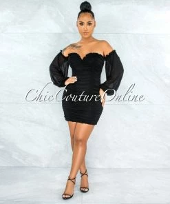 Vendor-unknown JUST IN Gayler Black Mesh Ruched Mini Dress