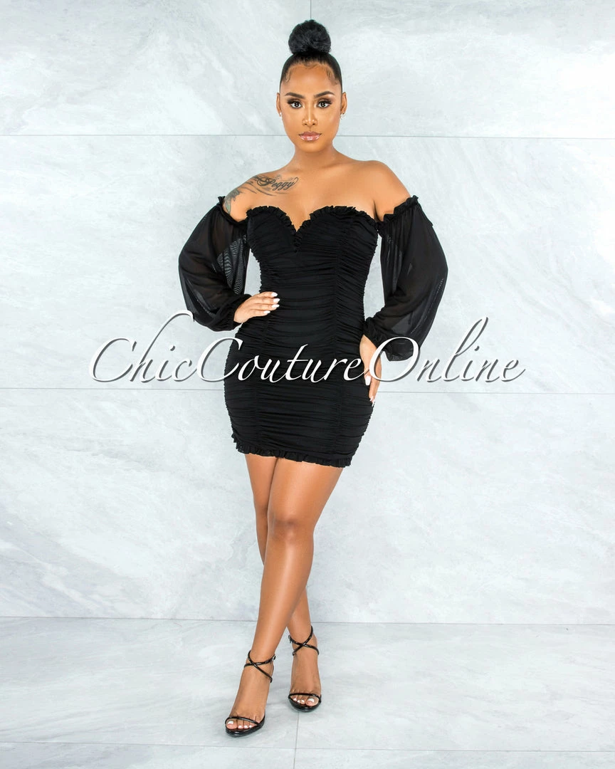 Vendor-unknown JUST IN Gayler Black Mesh Ruched Mini Dress