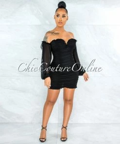 Vendor-unknown JUST IN Gayler Black Mesh Ruched Mini Dress