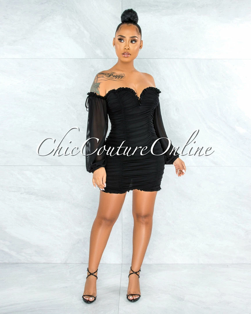 Vendor-unknown JUST IN Gayler Black Mesh Ruched Mini Dress