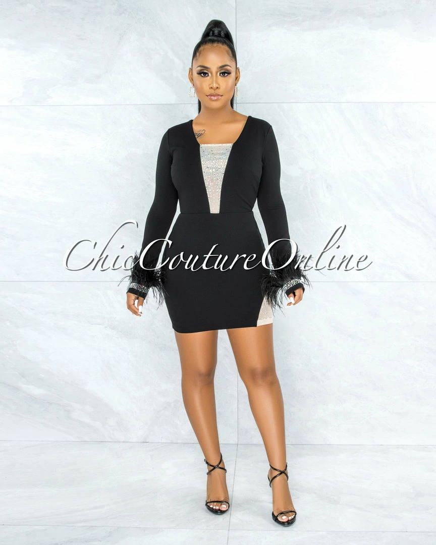 Chic Couture Online Stika Black Rhinestones Tulle & Feathers Accent Dress JUST IN