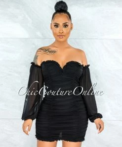 Vendor-unknown JUST IN Gayler Black Mesh Ruched Mini Dress