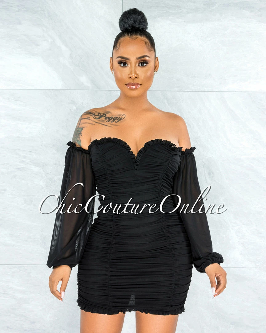 Vendor-unknown JUST IN Gayler Black Mesh Ruched Mini Dress