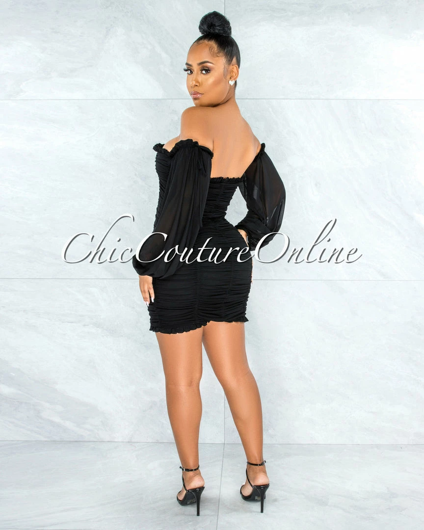 Vendor-unknown JUST IN Gayler Black Mesh Ruched Mini Dress