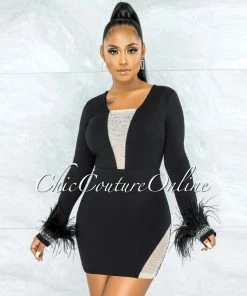 Chic Couture Online Stika Black Rhinestones Tulle & Feathers Accent Dress JUST IN
