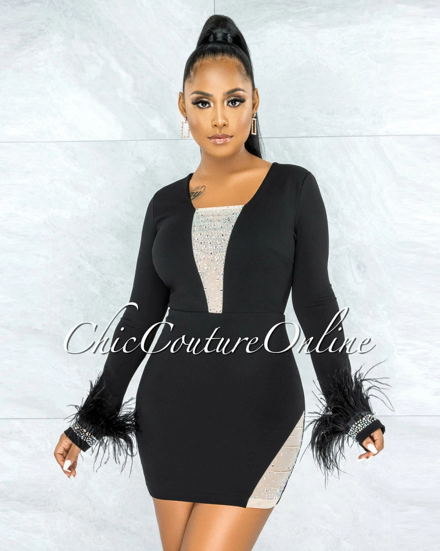 Chic Couture Online Stika Black Rhinestones Tulle & Feathers Accent Dress JUST IN