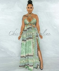 Vendor-unknown Idony Green Black Print Cut-Out Sides Gold Link Dress