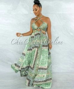 Vendor-unknown Idony Green Black Print Cut-Out Sides Gold Link Dress