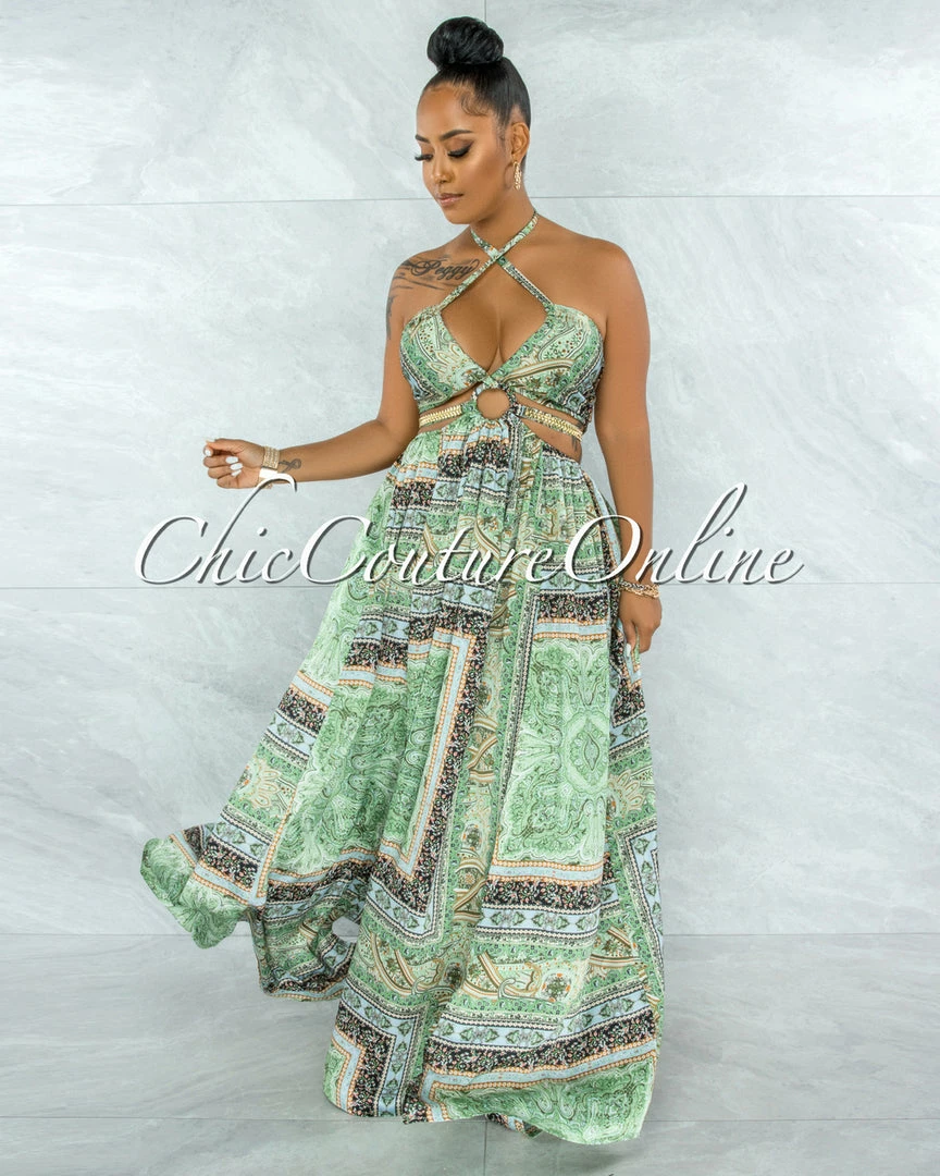 Vendor-unknown Idony Green Black Print Cut-Out Sides Gold Link Dress