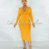 Vendor-unknown Tanser Mustard Yellow Ribbed Front Zipper Midi Dress JUST IN