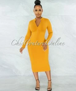 Vendor-unknown Tanser Mustard Yellow Ribbed Front Zipper Midi Dress JUST IN