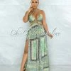 Vendor-unknown Idony Green Black Print Cut-Out Sides Gold Link Dress