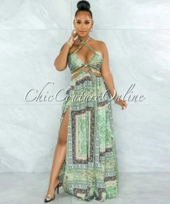 Vendor-unknown Idony Green Black Print Cut-Out Sides Gold Link Dress