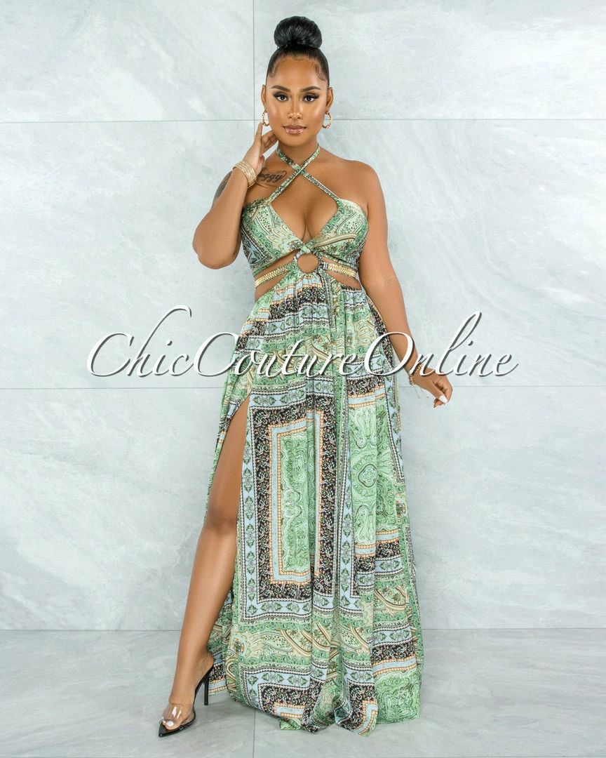 Vendor-unknown Idony Green Black Print Cut-Out Sides Gold Link Dress