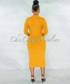 Vendor-unknown Tanser Mustard Yellow Ribbed Front Zipper Midi Dress JUST IN