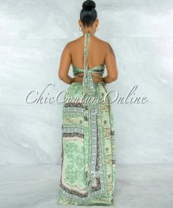 Vendor-unknown Idony Green Black Print Cut-Out Sides Gold Link Dress
