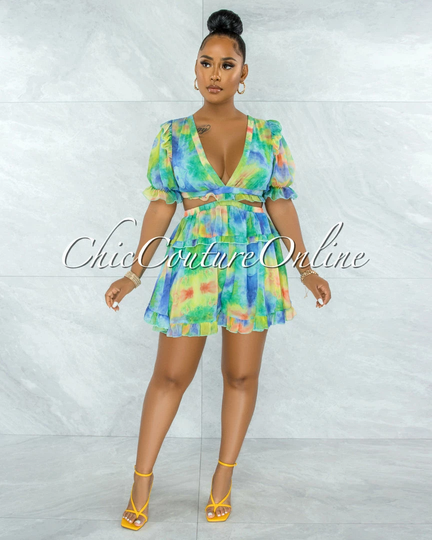 Vendor-unknown Boris Green Blue Tie-Dye Cut-Out Ruffle Romper JUMPSUITS