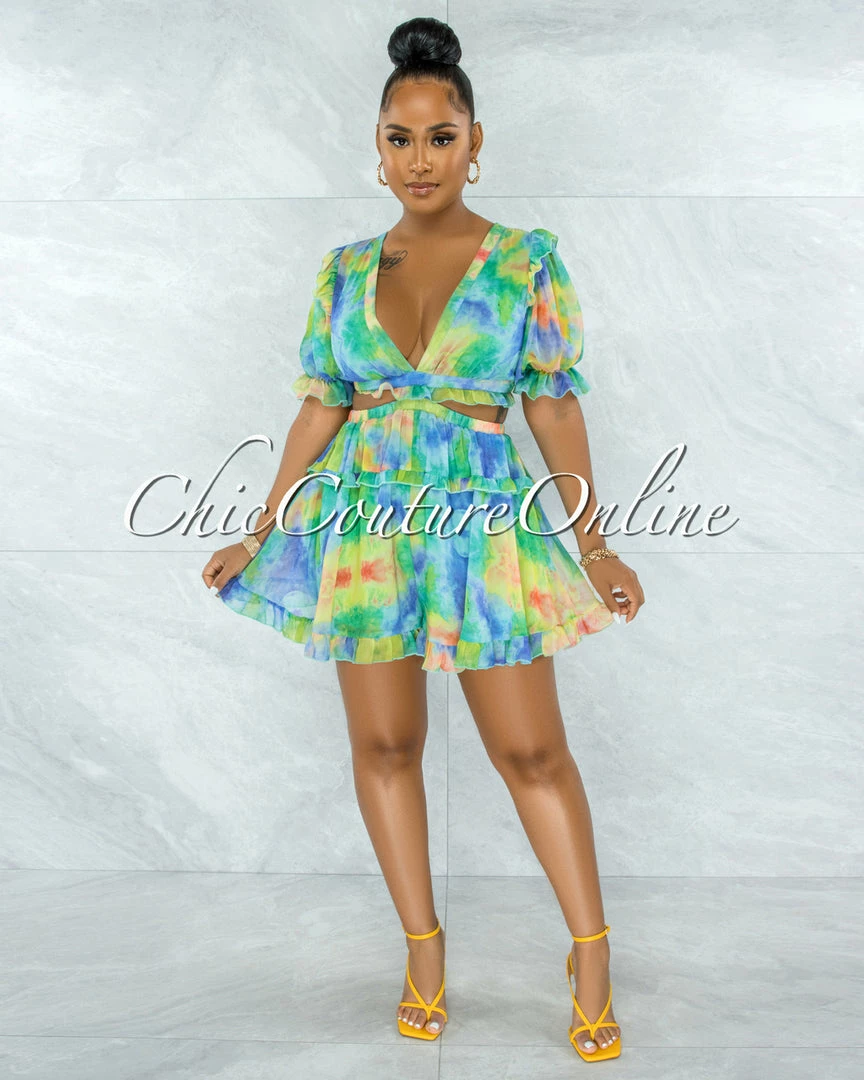 Vendor-unknown Boris Green Blue Tie-Dye Cut-Out Ruffle Romper JUMPSUITS