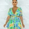 Vendor-unknown Boris Green Blue Tie-Dye Cut-Out Ruffle Romper JUMPSUITS