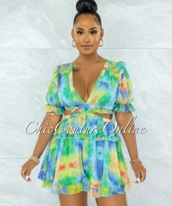 Vendor-unknown Boris Green Blue Tie-Dye Cut-Out Ruffle Romper JUMPSUITS
