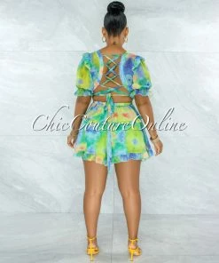 Vendor-unknown Boris Green Blue Tie-Dye Cut-Out Ruffle Romper JUMPSUITS