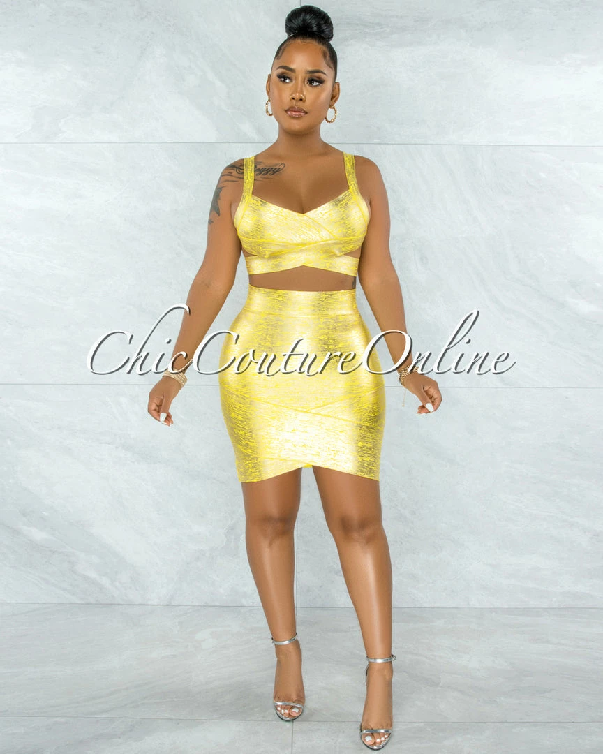Vendor-unknown JUST IN Chica Yellow Silver Foil Bandage Two Piece Set