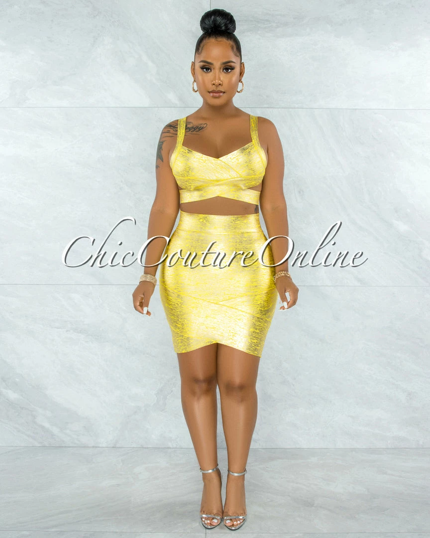 Vendor-unknown JUST IN Chica Yellow Silver Foil Bandage Two Piece Set