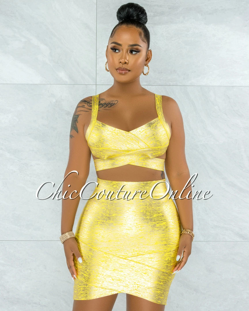 Vendor-unknown JUST IN Chica Yellow Silver Foil Bandage Two Piece Set